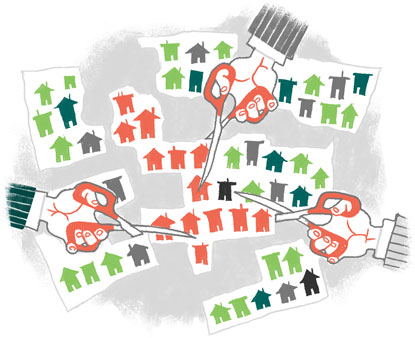 illustration of a map of houses of varying colors being cut into odd shapes by the hands of three pin-stripe suited arms