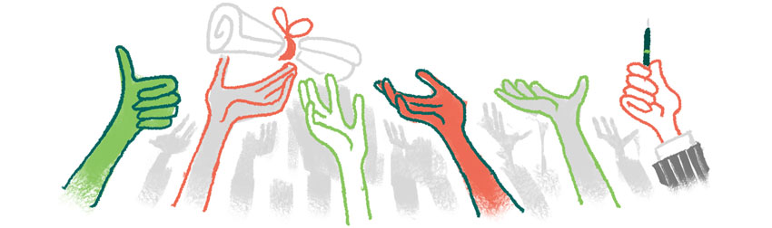 illustration of the extended hands of a crowd of people, reaching for a scrolled document. One hand holds a pen.
