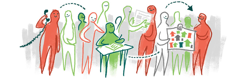 illustration of a crowd of people. One is making a phone call, one is sitting at a desk in the center of the crowd, perhaps drafting legislation, and several people share a newspaper or map.