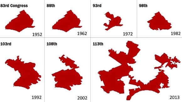 PA's 7th Congressional District over time. (Source: Shapefiles maintained by Jeffrey B. Lewis, Brandon DeVine, Lincoln Pritcher, and Kenneth C. Martis, UCLA. Drawn to scale. Graphic: The Washington Post, May 20, 2014)