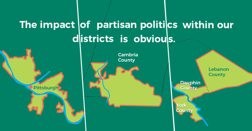 A map of gerrymandered districts in PA.